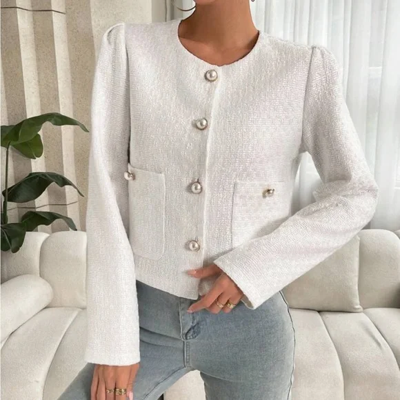 White button front cream ivory tweed jacket cardigan collarless blazer - Picture 3 of 4